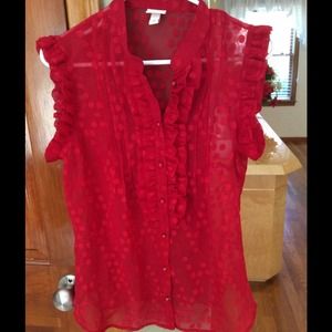 Sheer red polka dotted ruffled blouse size M