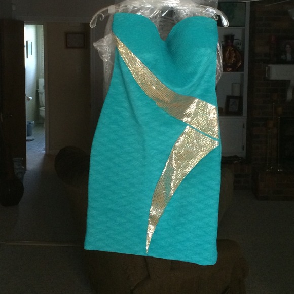 A blue dress with gold sequins on it.