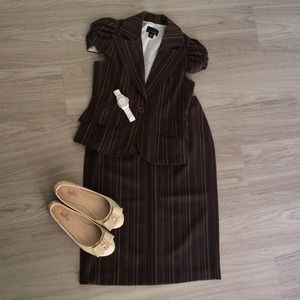 2 Piece Brown Pinstripe Skirt Suit