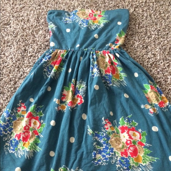 Blue strapless floral and polka dot dress