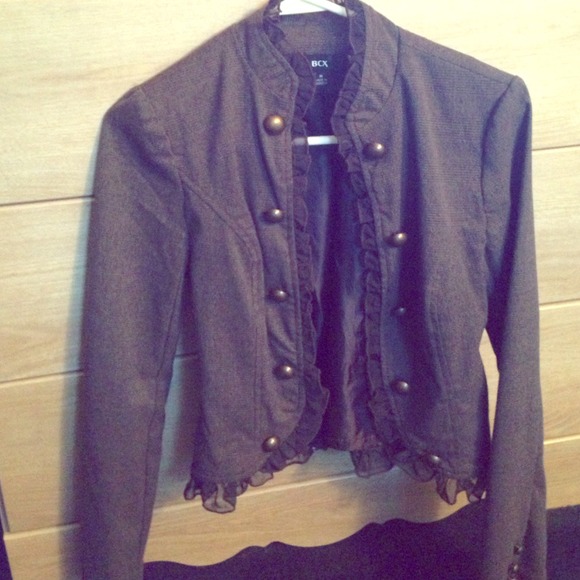 Brown Military Button Blazer with Lace Trim