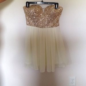 Windsor, strapless, gold sequin dress