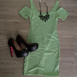 Green Stripe Off the Shoulder Dress