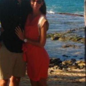 Belted Coral dress w/tan & white sleeves XS