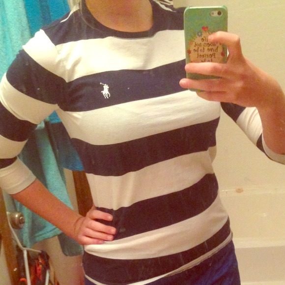 Navy blue & white striped women's Polo top.