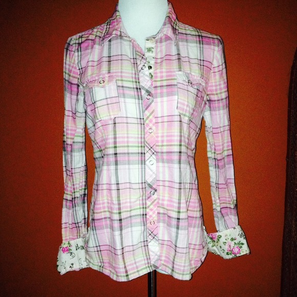 Pink plaid button down with floral accents