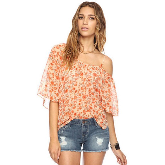 Orange Off Shoulder Floral Chiffon Blouse