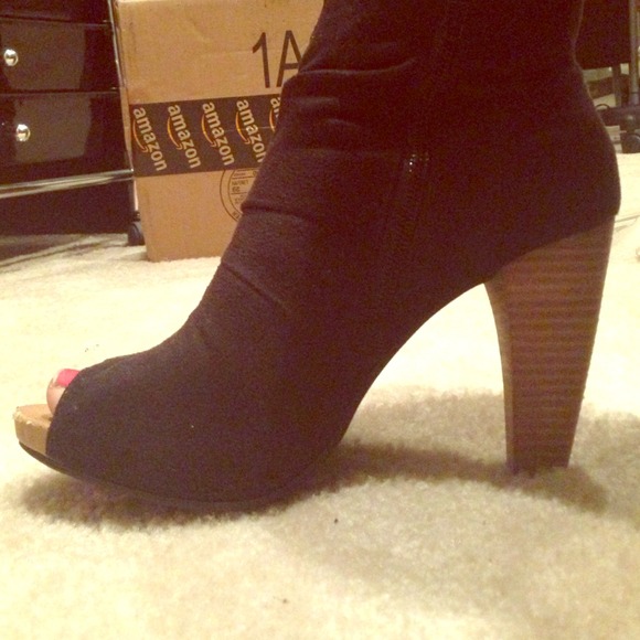 Black suede ankle boots with wooden heel