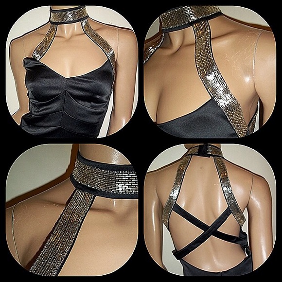 Karen Millen black satin beaded halter neck dress - Picture 4 of 4