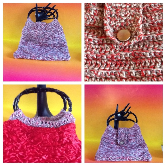 Hand crocheted handbag with red lining