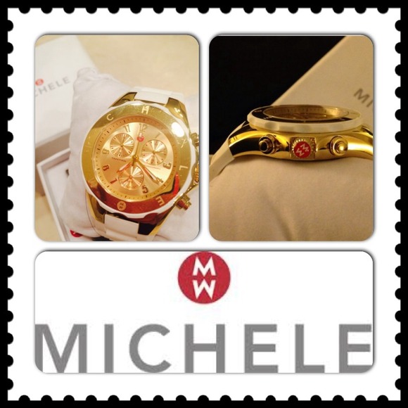 Authentic Michele white rubber & gold watch
