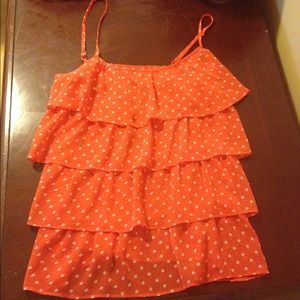 Orange ruffle tank with white polka dots