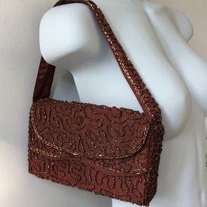 Copper beads on brown satin evening bag