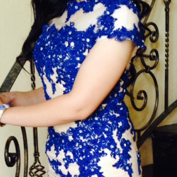 Tan and royal blue beaded dress - Picture 3 of 3