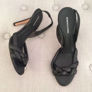 BCBGMAXAZRIA BLACK BRAIDED LEATHER SLINGBACK HEELS