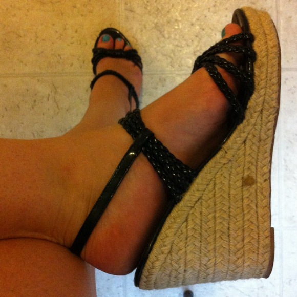 Sexy pinup black braided strappy hemp wedge sandal - Picture 2 of 4