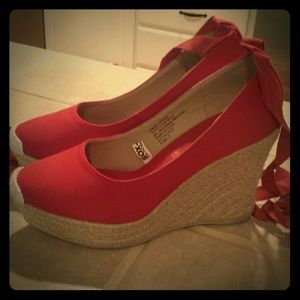 Red ankle lace up wedges