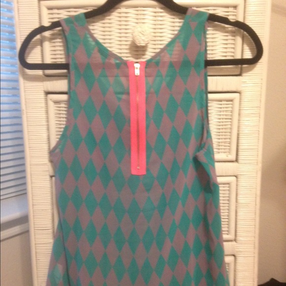 Turquoise and pink checkered flowy tank - Picture 3 of 3