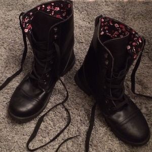 Black HT Combat Floral Print Boots