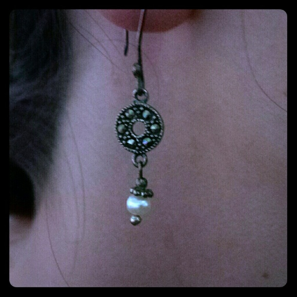 Stunning black stone aged silver dangle earrings