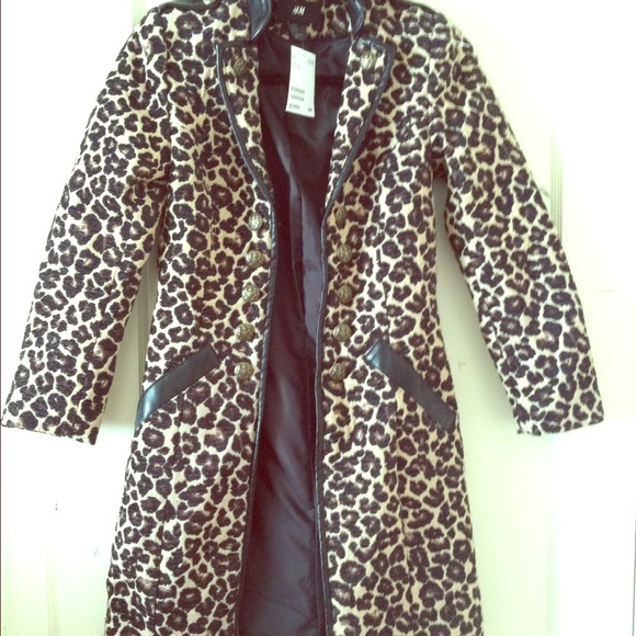 H&m leopard coat jacket size 2 faux leather trim