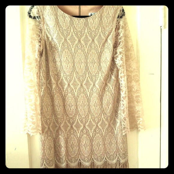Vintage beautiful gold lace dress with fringe