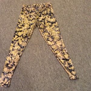 Gold and blue metallic leggings.