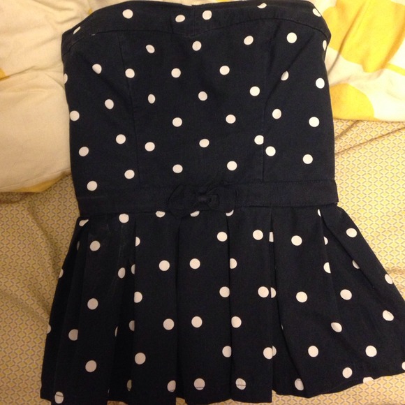 Strapless navy blue polka dot top
