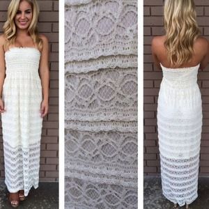 Strapless off white lace maxi dress