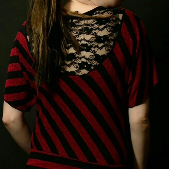 B.Wear Red and Black Stripe Lace Top