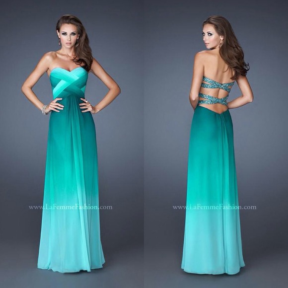 blue ombre strapless  prom dress