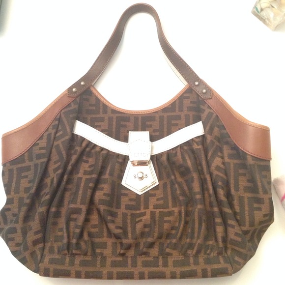 Authentic FENDI white brown zucca handbag purse - Picture 2 of 4