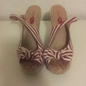 Red and white stripped wedges SHOW SIGNS OF WORN