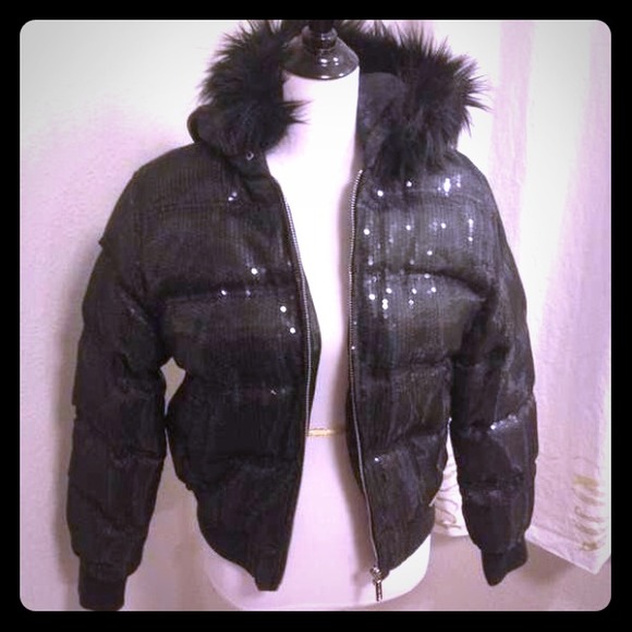 Black sequin faux fur trim hoodie bomber jacket.