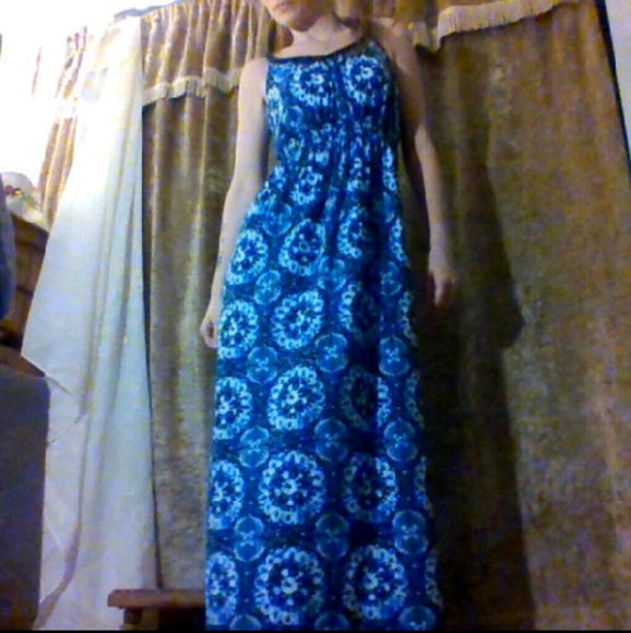 Blue floral print long maxi dress