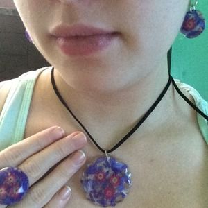 Hand crafted, purple flower necklace, earring ring