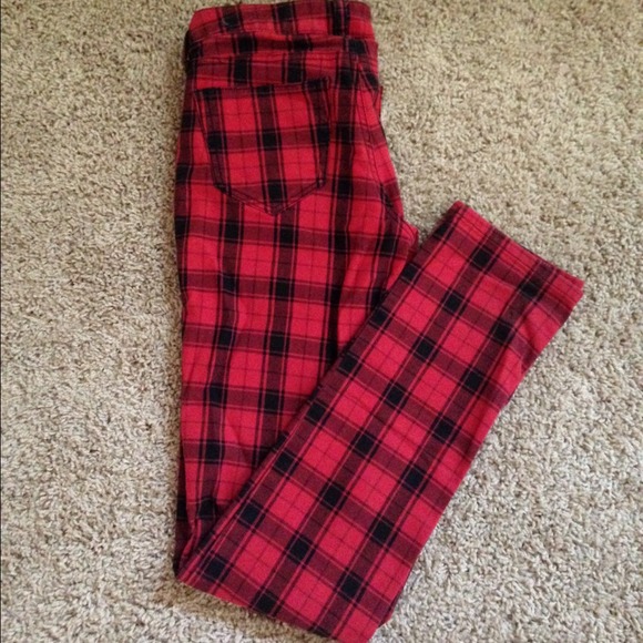 Red and Black Plaid Skinny Jeans. - Picture 3 of 3