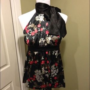 Satin oriental blouse with neck tie