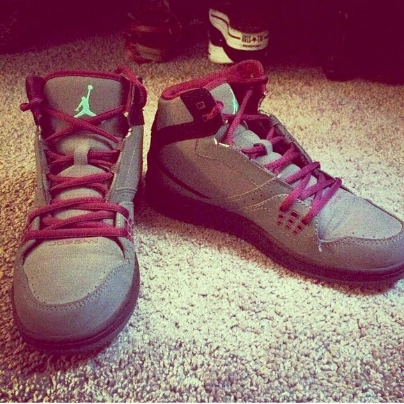 Gray and maroon Jordan's