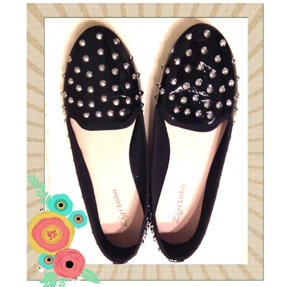 Black Patent Studded Flats, Size Women's US 8