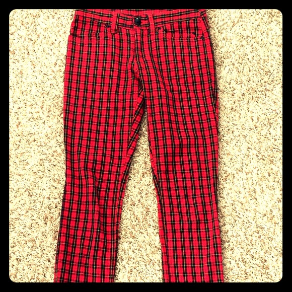 red tartan skinny jeans