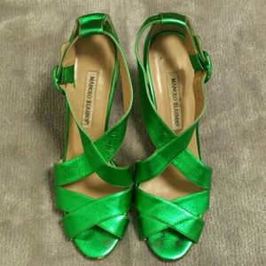 Manolo Blahnik Metallic Green strap heeled sandals