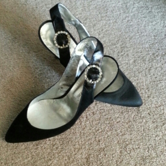 BLACK SATIN SLING BACKS W/RHINESTONE BUCKLE