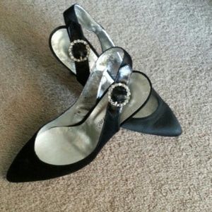 BLACK SATIN SLING BACKS W/RHINESTONE BUCKLE
