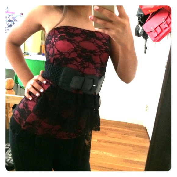 Red & Black Lace Strapless Top