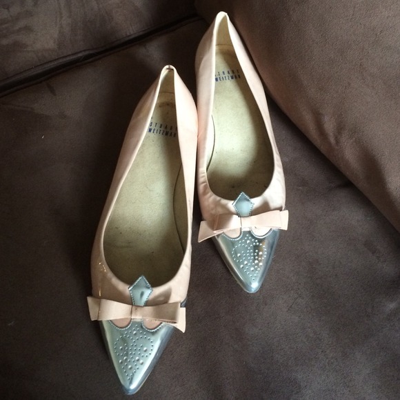 Pink Stuart Weitzman Flats with silver pointed toe