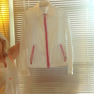 Burberry white moto jacket with red piping
