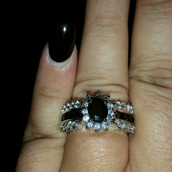 Size 8 Faux Black Sapphire 14K WG Filled Ring