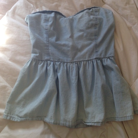 Denim peplum strapless top