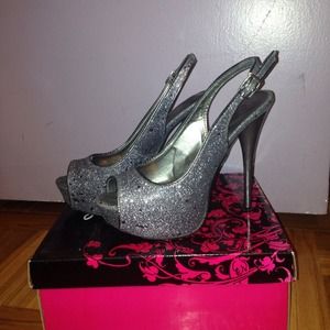 Pewter glitter slingback, peep-toe platforms